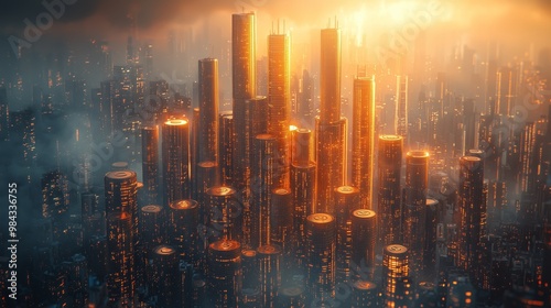 Futuristic Cityscape with Golden Towers at Dusk