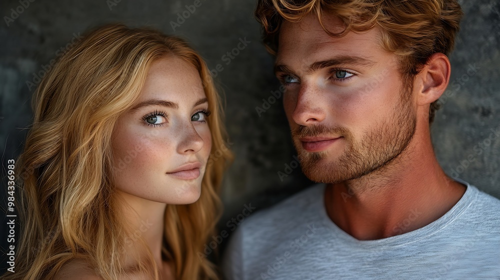 stylish redhead man looking at thoughtful blonde woman standing on grey old money style fashion : Generative AI stylish redhead man looking at thoughtful blonde woman standing on grey old money style fashion : Generative AI