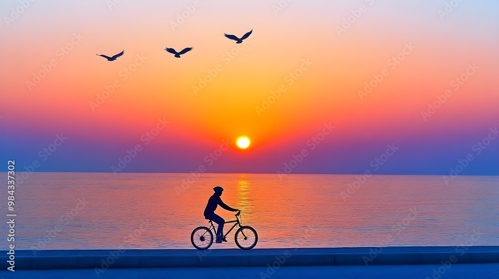 Fototapeta premium A serene sunset scene featuring a cyclist riding along the shore, with birds flying over the calm sea, creating a picturesque moment of tranquility.