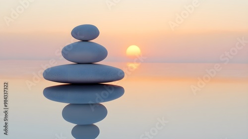 A serene sunrise over calm water, featuring a balanced stack of smooth stones reflecting beautifully in the surface.