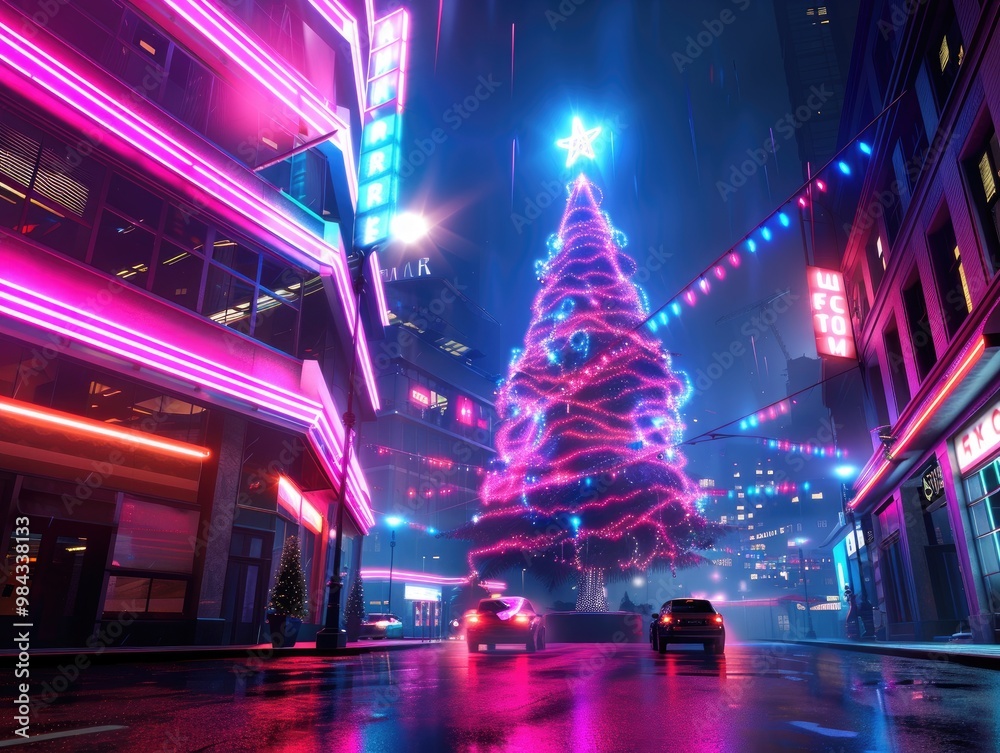 Fototapeta premium A vibrant, neon-lit street showcases a dazzling Christmas tree amidst a rainy urban landscape, creating a festive and futuristic atmosphere.