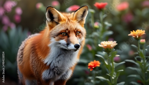 Majestic Red Fox Amidst a Colorful Flower Garden