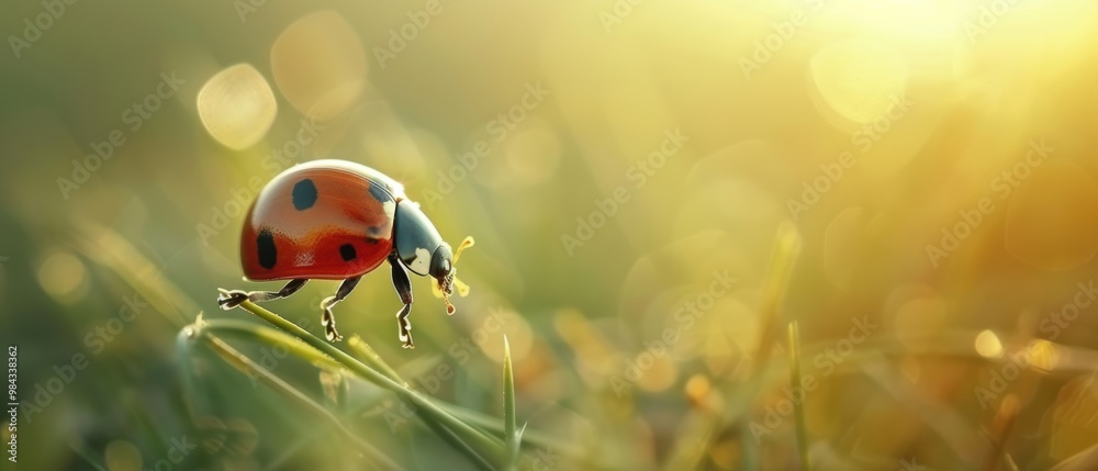 Vibrant Ladybug on a Blade of Grass at Sunset Vibrant Ladybug on a Blade of Grass at Sunset