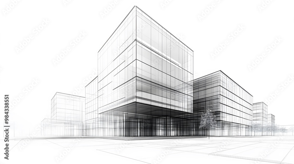 An architectural wireframe sketch of a modern office complex, showcasing transparent structures, geometric lines, and a monochrome grayscale design with a minimalist aesthetic. An architectural wireframe sketch of a modern office complex, showcasing transparent structures, geometric lines, and a monochrome grayscale design with a minimalist aesthetic.