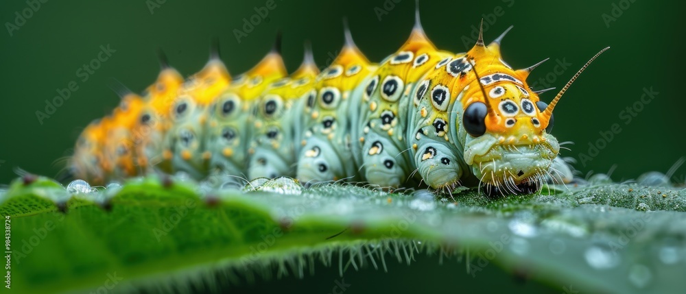Colorful Caterpillar on Green Leaf with Dew Drops