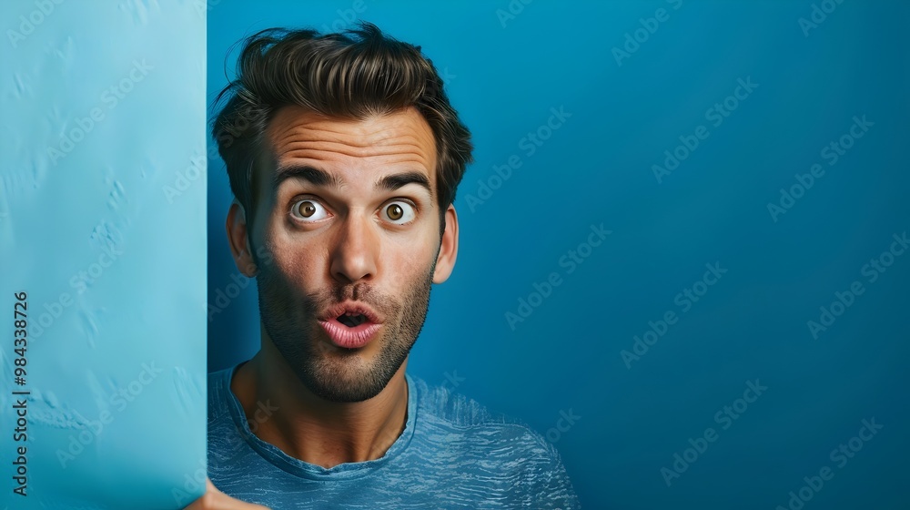 Obraz premium Surprised Young Man Blue Background Expressive Reaction Discovery Expression | AI Generated