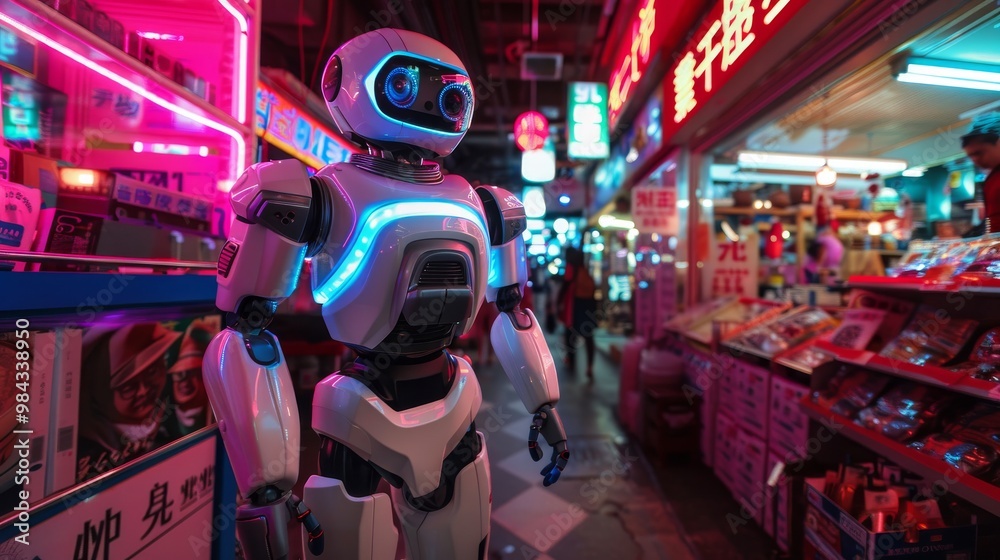 Fototapeta premium Advanced robot security guard in a neon-lit market
