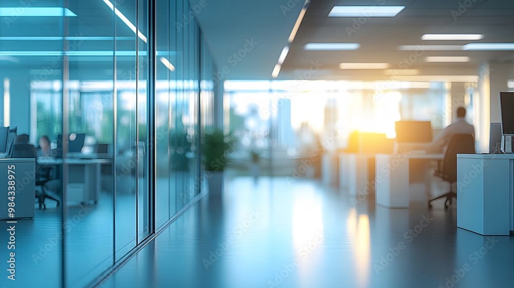 A bright modern open office space with glass walls, white desks, ergonomic chairs, and natural light from large windows, creating a clean corporate environment with a soft focus effect. A bright modern open office space with glass walls, white desks, ergonomic chairs, and natural light from large windows, creating a clean corporate environment with a soft focus effect.