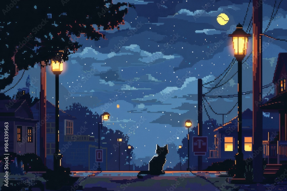 Obraz premium Charming pixel art of a heterochromatic cat under the night sky, surrounded by luminous street signs that add a magical touch to the whimsical scene