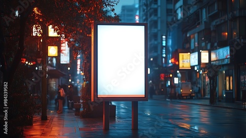 Large street portrait advertisement billboard placed outside during night time Tall outdoor blank digital signage light box mock up ideal for posters huge information boards : Generative AI