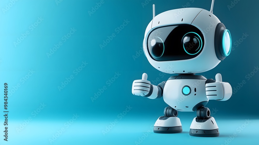 A cute cartoon robot in a 3D render, set against a blue gradient background with a futuristic design and friendly AI assistant appearance, featuring a white and light blue color scheme. A cute cartoon robot in a 3D render, set against a blue gradient background with a futuristic design and friendly AI assistant appearance, featuring a white and light blue color scheme.