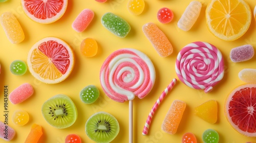 A colorful candy assortment on a pastel yellow background, featuring lollipops, gummy candies, and jelly beans in vibrant colors and whimsical arrangement with soft shadows.