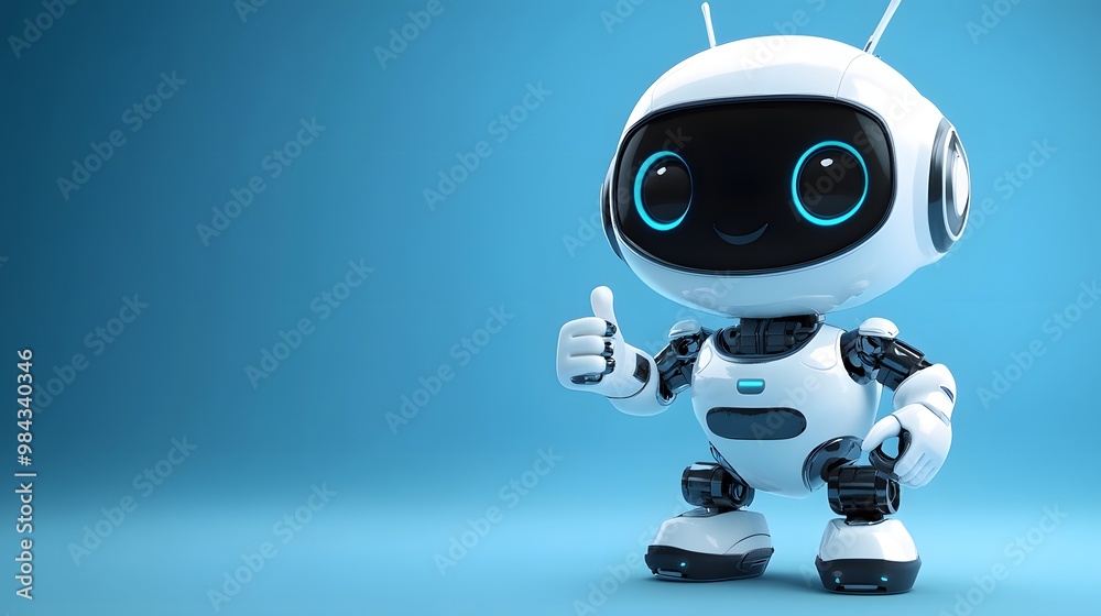 A cute cartoon robot in a 3D render, set against a blue gradient background with a futuristic design and friendly AI assistant appearance, featuring a white and light blue color scheme. A cute cartoon robot in a 3D render, set against a blue gradient background with a futuristic design and friendly AI assistant appearance, featuring a white and light blue color scheme.