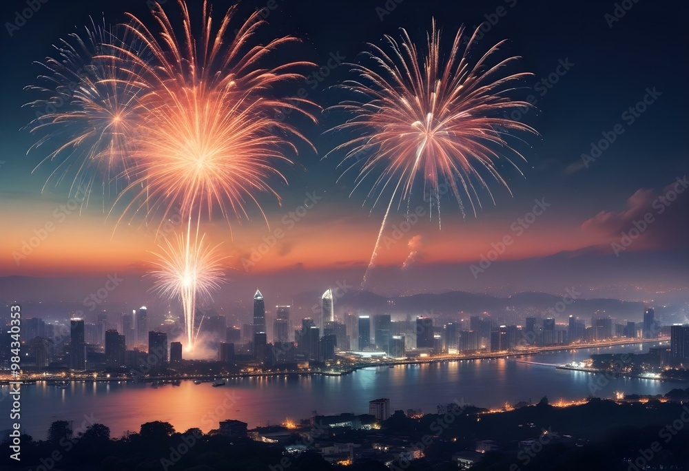 Fireworks are seen from a beach with a beach and mountains buildings in the background Fireworks are seen from a beach with a beach and mountains buildings in the background
