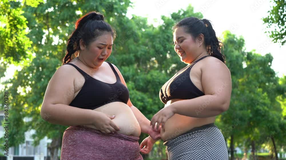 Group of 2 overweight asian woman holding and show belly before exercise in Garden outdoors . two fat female friend warm up for workout outside . Body shaming