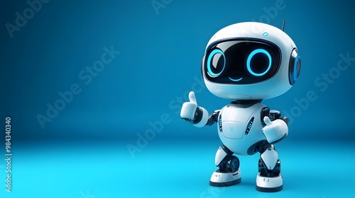 A cute cartoon robot in a 3D render, set against a blue gradient background with a futuristic design and friendly AI assistant appearance, featuring a white and light blue color scheme.