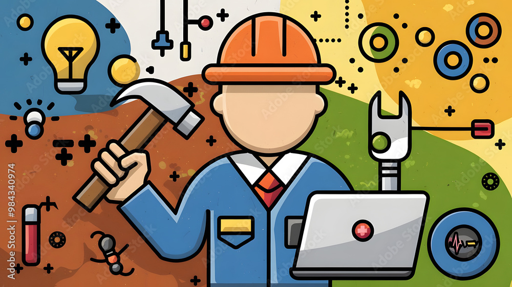 Tech Savvy Engineer: A stylized illustration of a skilled engineer, seamlessly blending technological prowess with hands-on expertise. The vibrant design encapsulates innovation and problem-solving. Tech Savvy Engineer: A stylized illustration of a skilled engineer, seamlessly blending technological prowess with hands-on expertise. The vibrant design encapsulates innovation and problem-solving.