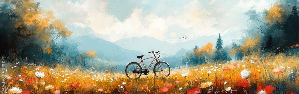Obraz premium Green bicycle on serene forest path with flowers and trees around