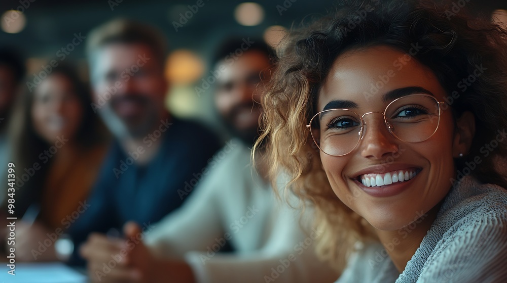 Obraz premium Smiling group of business people discussing strategy during team meeting at the office desk together : Generative AI