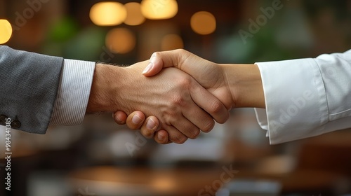 Two business professionals shaking hands across a table, agreement, successful negotiation outcome, photorealistic