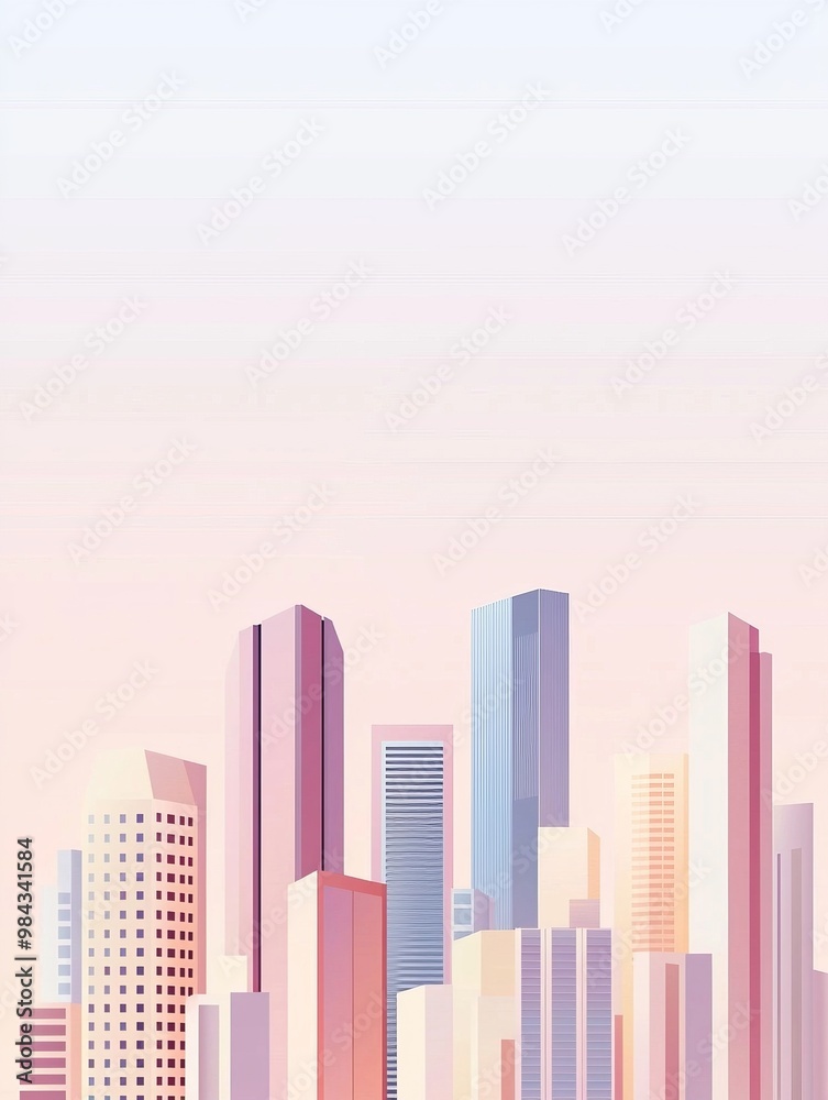 Fototapeta premium Minimalist Rendering of a Vibrant City Skyline with Pastel Gradient Hues and Geometric