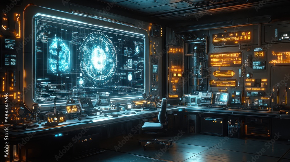 High-tech control room with advanced screens and glowing interfaces. High-tech control room with advanced screens and glowing interfaces.