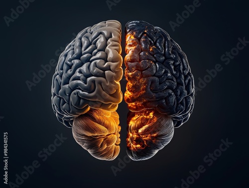 A split brain, with one side illuminated and filled with positive images, and the other side dark and filled with negative images, representing positive vs negative psychology photo