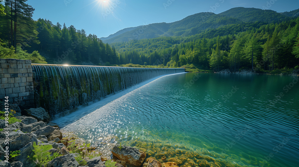 Serene Mountain Waterfall and Clear Blue Lake Serene Mountain Waterfall and Clear Blue Lake