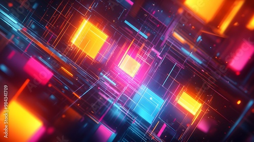 A futuristic tech abstract with neon glowing geometric shapes and vibrant color spectrum, featuring digital circuit board aesthetic with cyberpunk style on a dark background.