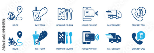 Food delivery line and glyph solid icons collection. Minimal icon and symbol series vector illustration