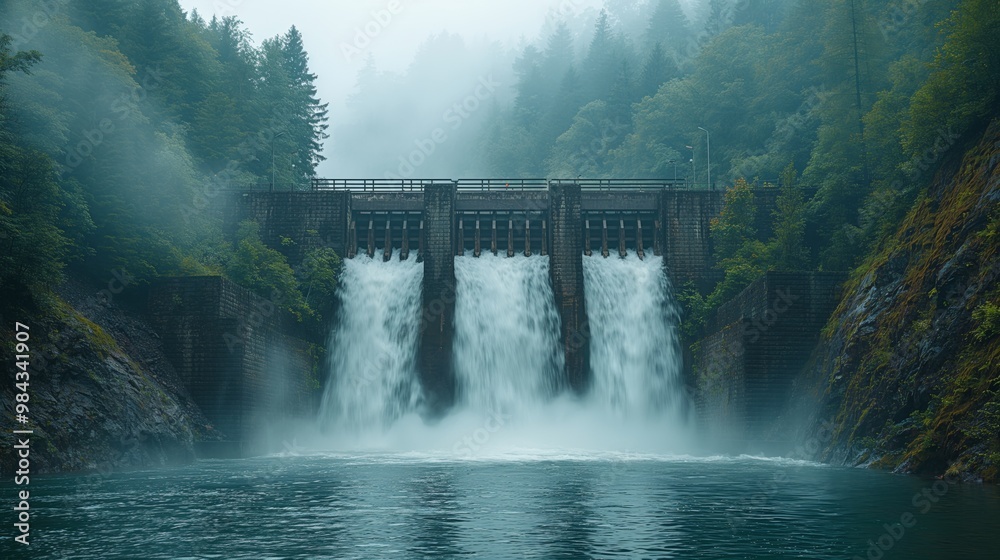 Fototapeta premium Serene Waterfall Near a Dam in Misty Forest