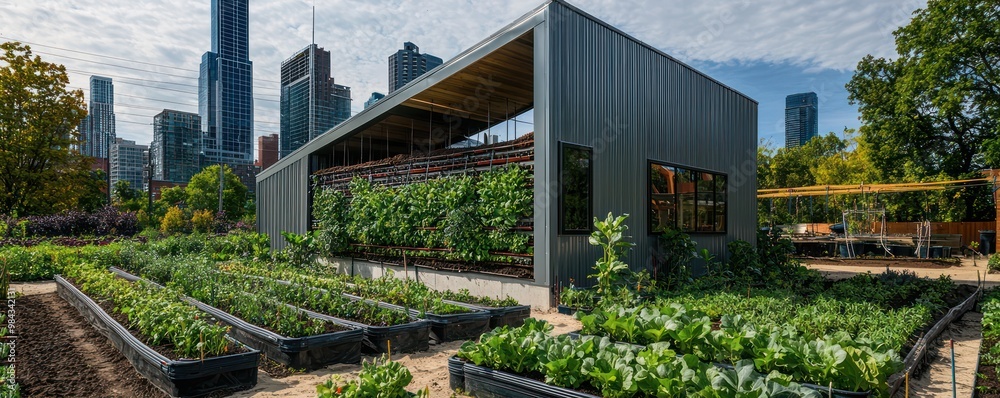 A sustainable urban farm with James Hardie siding, utilizing vertical gardening and modern farm techniques to optimize space and productivity in the city A sustainable urban farm with James Hardie siding, utilizing vertical gardening and modern farm techniques to optimize space and productivity in the city