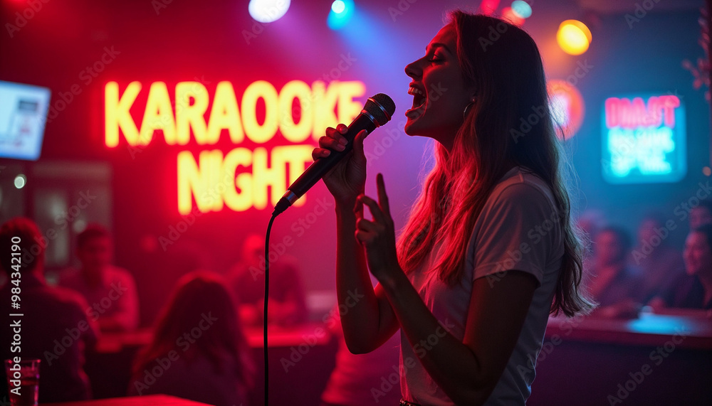 Vibrant karaoke night in a bar with a young woman passionately singing on stage.






