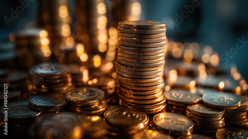 Stacks of gold coins shimmer in close up photograph, creating sense of wealth and abundance