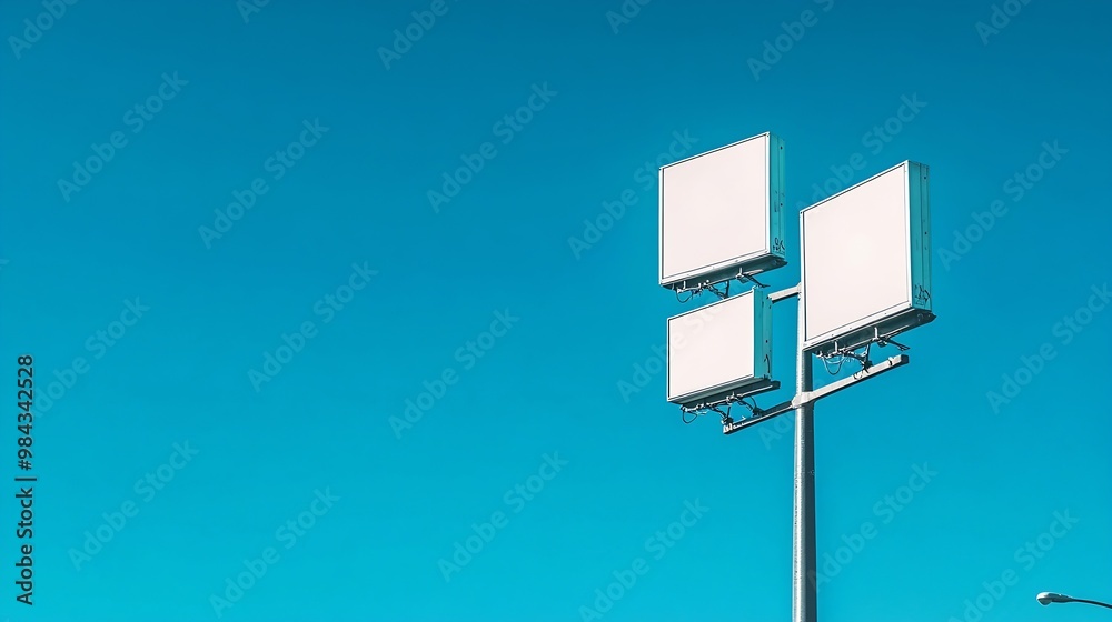 Low angle view of billboards and street light against clear blue sky : Generative AI Low angle view of billboards and street light against clear blue sky : Generative AI