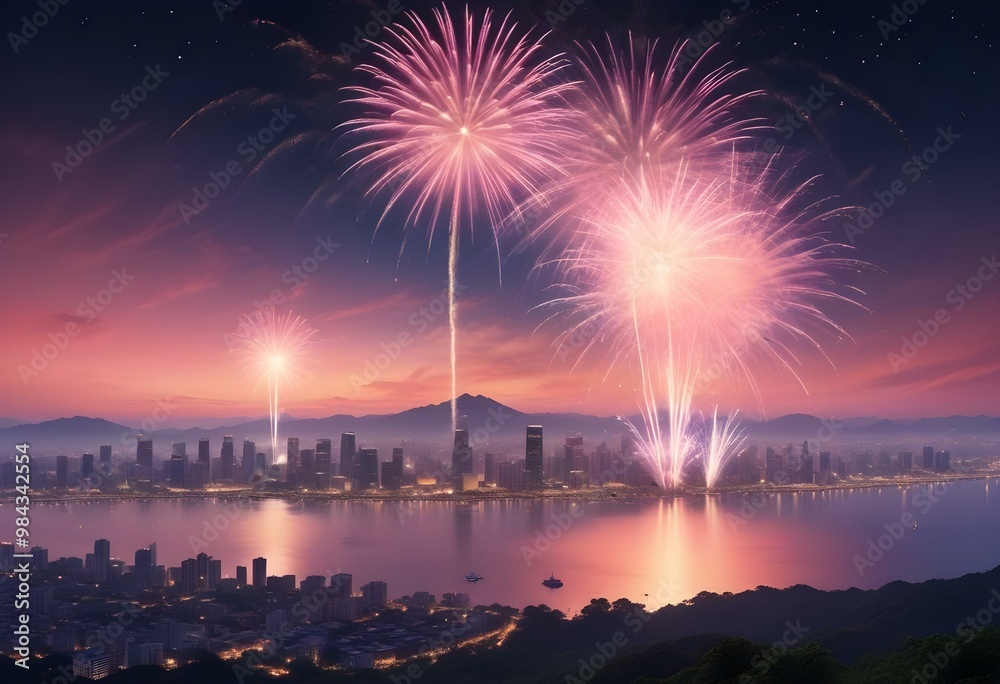 Fireworks are seen from a beach with a beach and mountains buildings in the background Fireworks are seen from a beach with a beach and mountains buildings in the background