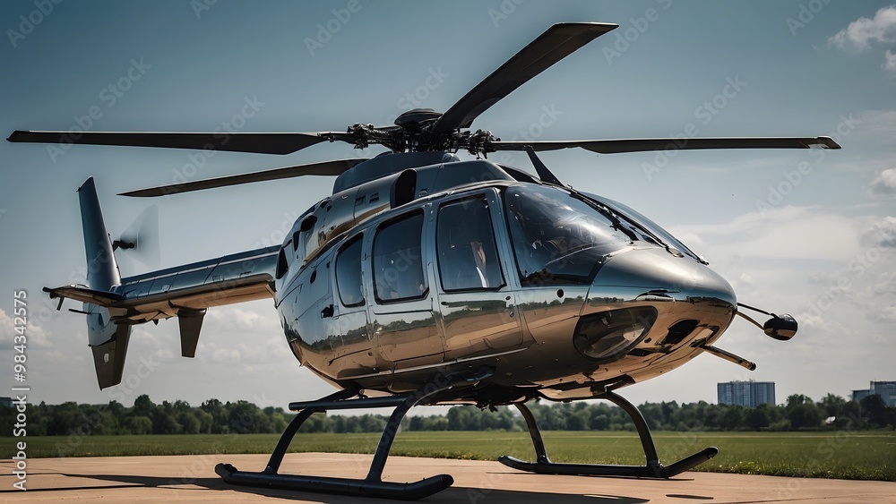 An advanced, high-tech helicopter with modern equipment, all set against a dramatic cityscape at sunset. An advanced, high-tech helicopter with modern equipment, all set against a dramatic cityscape at sunset.