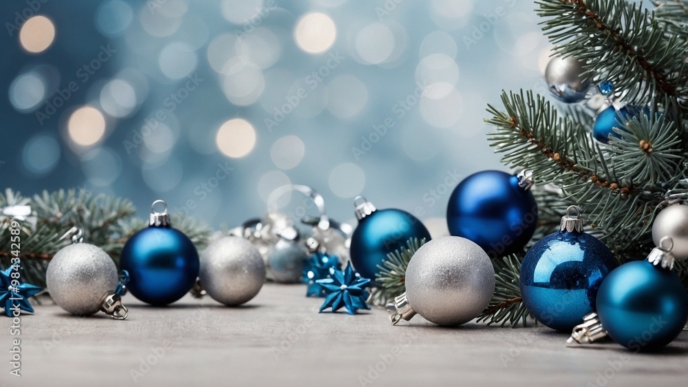 Christmas Background with Cute baubles and Elements silver and blue , white background, christmas tree leaf 