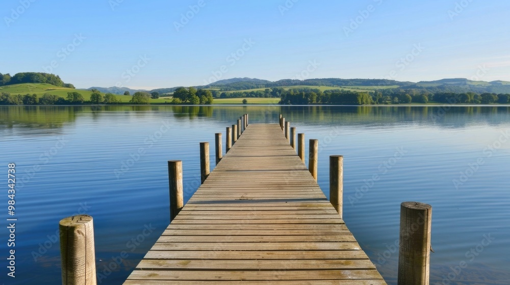 Fototapeta premium wooden pier extending into calm lake surrounded by forest mountains reflection landscape
