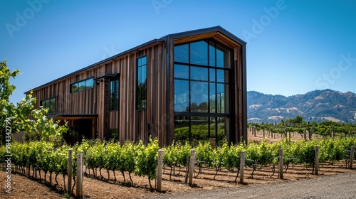 A sustainable winery with James Hardie siding that resembles old wood, set amongst vineyards, utilizing eco-friendly practices to merge modern technology with traditional winemaking