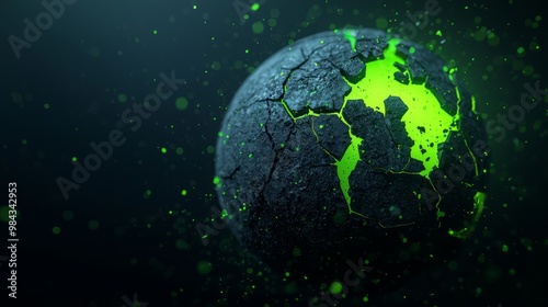 A fragmented globe with glowing cracks, representing the fragility of the world, with bright neon greens and blues emanating from within, symbolizing hope amidst chaos