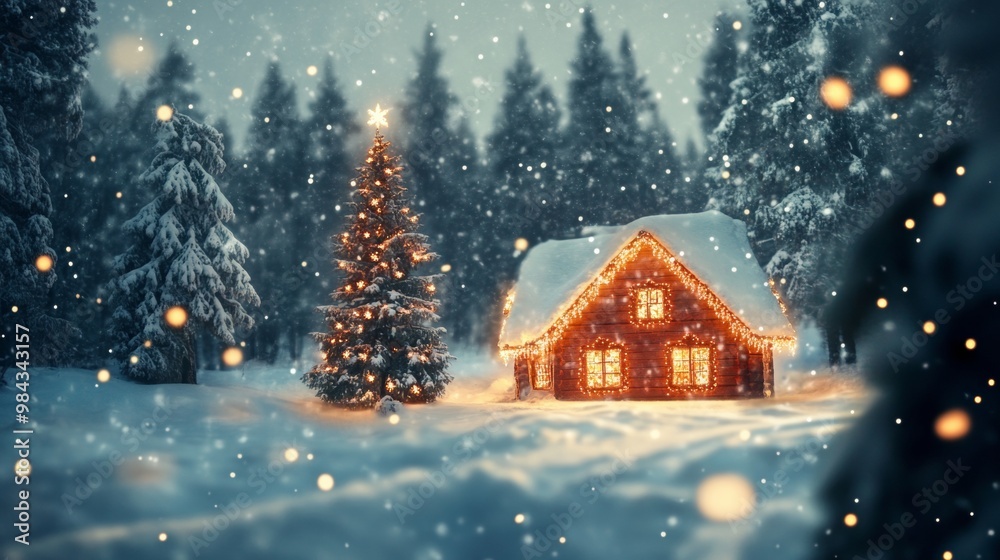 A small, warmly lit cabin surrounded by snow, with a glowing Christmas tree nearby in the peaceful winter forest. A small, warmly lit cabin surrounded by snow, with a glowing Christmas tree nearby in the peaceful winter forest.