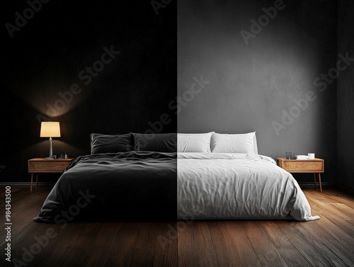 A split-screen image of a luxurious bedroom on one side and a simple, sparse one on the other, symbolizing rich and poor lifestyles