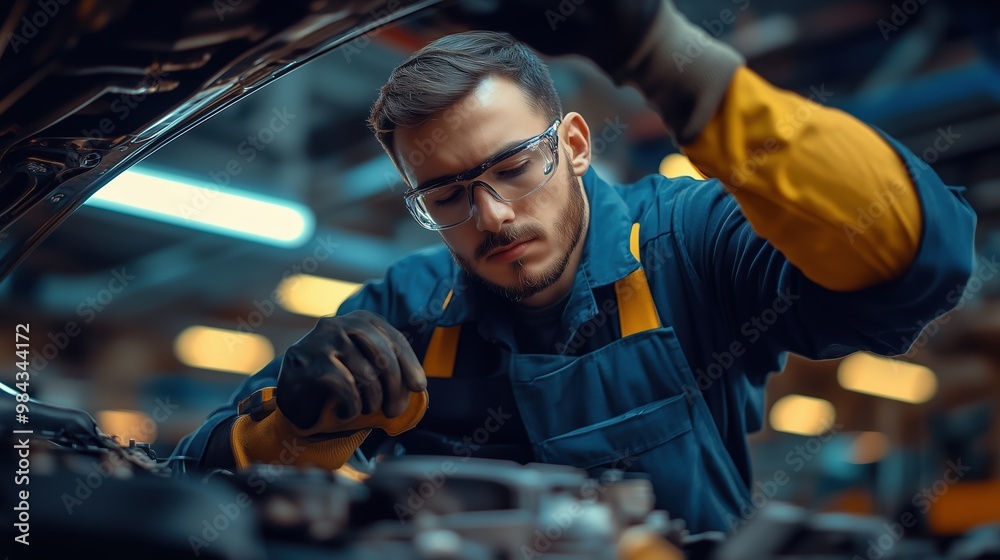 Skilled Mechanic Working on Engine in Workshop Skilled Mechanic Working on Engine in Workshop