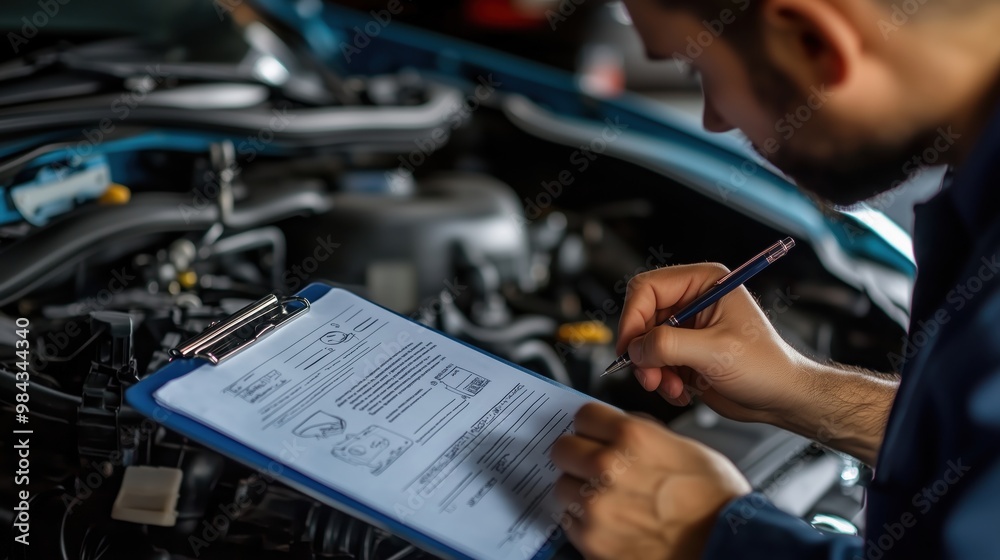 Mechanic Inspecting Car with Clipboard and Pen