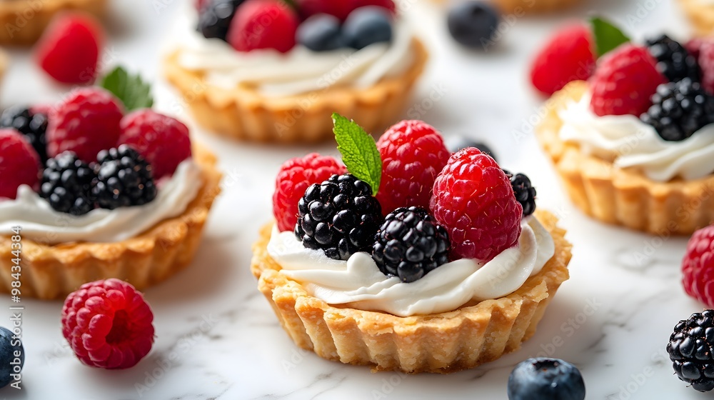 Mini fruit tarts with fresh berries topping, including raspberries, blackberries, and blueberries, on a white marble tabletop with shallow depth of field and elegant presentation. Mini fruit tarts with fresh berries topping, including raspberries, blackberries, and blueberries, on a white marble tabletop with shallow depth of field and elegant presentation.