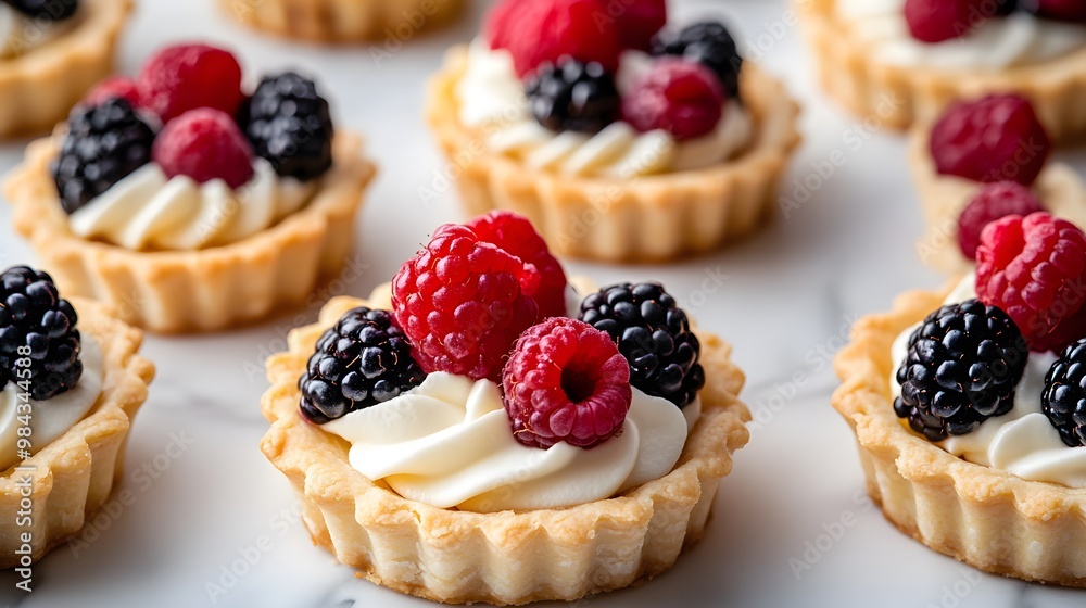 Mini fruit tarts with fresh berries topping, including raspberries, blackberries, and blueberries, on a white marble tabletop with shallow depth of field and elegant presentation. Mini fruit tarts with fresh berries topping, including raspberries, blackberries, and blueberries, on a white marble tabletop with shallow depth of field and elegant presentation.