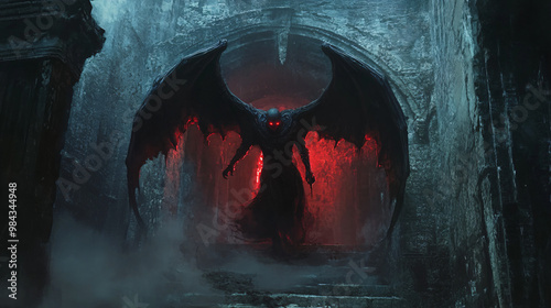 A vampire emerging from an ancient crypt with glowing red eyes and dark wings.