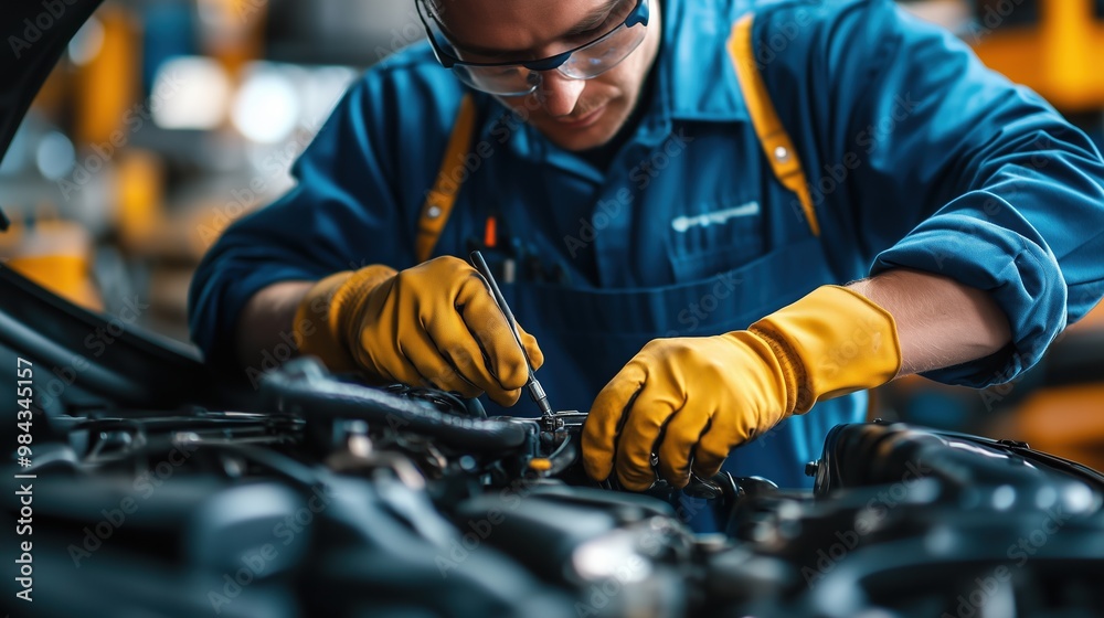Auto Mechanic Working on Engine Components Auto Mechanic Working on Engine Components