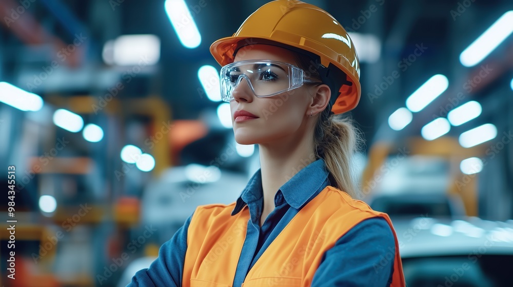 Confident Woman in Safety Gear at Industrial Site Confident Woman in Safety Gear at Industrial Site